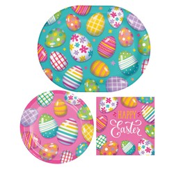 Easter Egg Party Supplies - Tableware Bundle for 8 Guests in Happy Eggster Design - Oval Dinner Platters, Dessert Plates, and Napkins