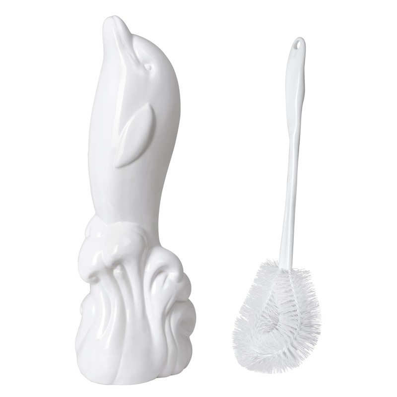 Dolphin Ceramic Toilet Brush Holder with Plastic Brush Set-White by