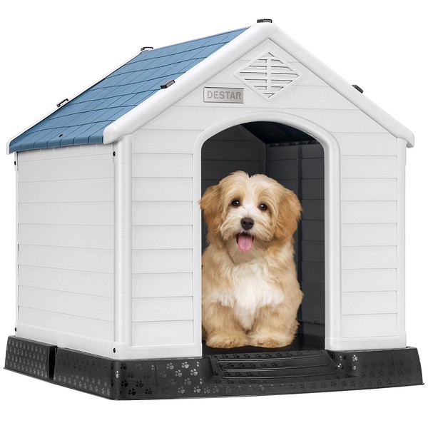 DEStar Durable Waterproof Plastic Pet Dog House Indoor Outdoor Puppy Shelter Kennel with Air Vents and Elevated Floor (Large - 33" Height)