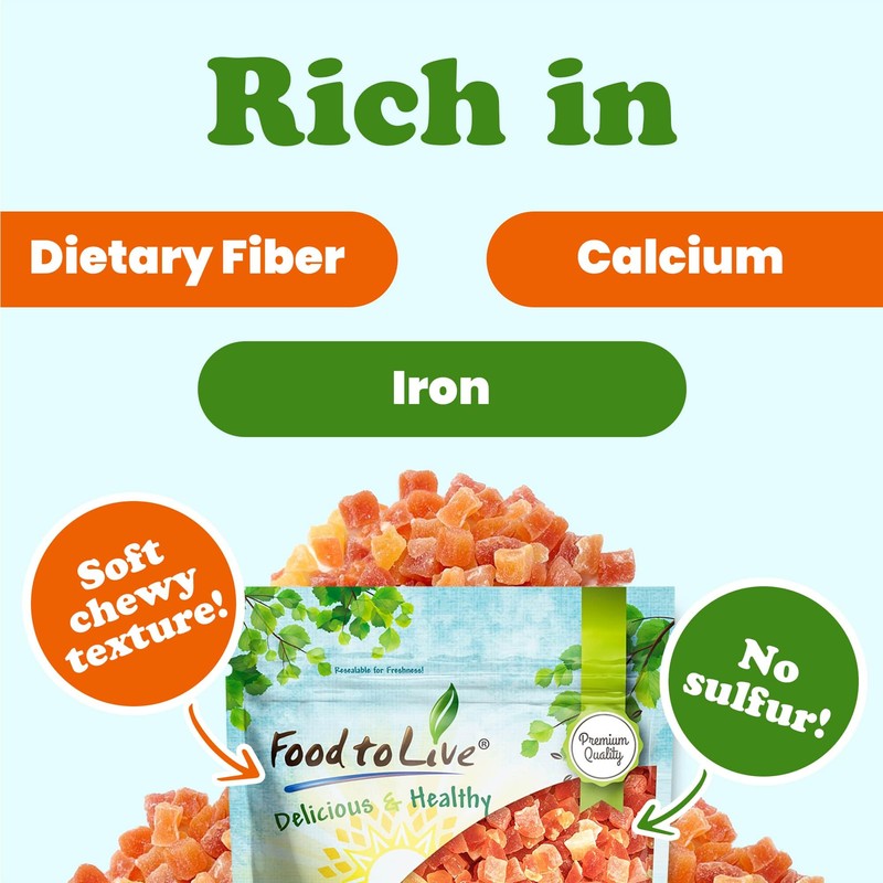 Food to Live Dried Diced Papaya, 8 Ounces Kosher, Vegan,