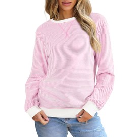 SHEWIN Sweatshirt for Women Trendy Crewneck Long Sleeve Shirts Womens Fall Fashion 2025 Tops Casual Striped Hoodies Pink Small