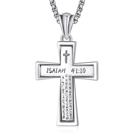 ADMETUS Bible Verse Cross Necklace 925 Sterling Silver Cross Pendant Chain Inspiration Gift for Men with 2.5 mm 22 Inches + 2 Inch Rolo Chains, Sterling Silver, No Gemstone