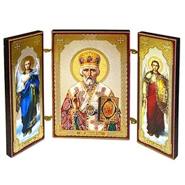 Needzo Saint Nicholas Orthodox Icon Triptych With Great Archangels Saints Michael and Gabriel, Three Bar Crosses on the Outer Doors, Religious Gift For Woman Man 3 3/8 Inch