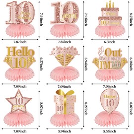 Turypaty 10th Birthday Honeycomb Centerpieces Decorations for Girls, Pink Rose Gold 9Pcs Happy 10th Birthday Table Centerpieces Party Supplies, Peace out Single Digits I'm 10 Birthday Table Toppers