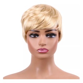 BM Peluca Corta De Cabello Humano Natural, Peluca Rubia Con Fle