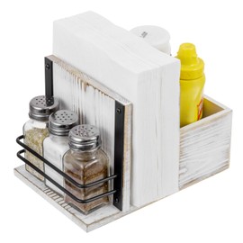 MyGift Shabby White Washed Solid Wood All-In-One Napkin Holder and Condiment Server Tabletop Dining Caddy with 3 Salt and Pepper Seasoning Shakers, 4 Piece Set