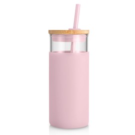 Tronco 20 oz Glass Tumbler with Lid and Straw, Iced Coffee Cup and Smoothie Cup with Bamboo Lids & Protective Silicone Sleeve, Dishwasher Safe, BPA-Free, Pink 1 Pack