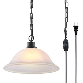 ANYLOVE Vintage Frosted Alabaster Plug in Pendant Light,12" Glass Shade,Black Chain,Adjustable Pendant Light,No Light Source,for Kitchen,Bedroom,Living Room