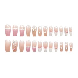 24Pcs Full Cover Elegant Press on Nails Pattern, 12 Sizes Bow Acrylic Nails with Jelly Glue and Sanding Files, French Nail Tips, Nail Art Accessories for Women Girls Fingernail Art