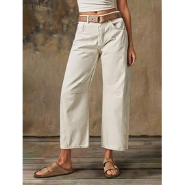 Flamingals Women’s Mid Waist Crop Straight Leg Jeans with Solid Stitch Detail Casual Fashion Trendy Denim Pants White L