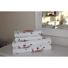 SHL White/Pink Rose Floral Printed 100% Cotton Towel 400 Gsm (Bath Towel)
