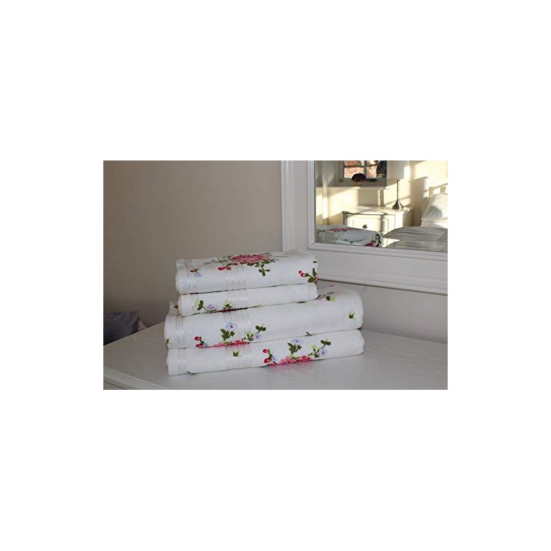 SHL White/Pink Rose Floral Printed 100% Cotton Towel 400 Gsm