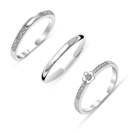 Charmsy Set of 3Pcs 925 Sterling Silver CZ Toe Rings | Open Band Simple CZ Flower Toe Rings | Adjustable Cuff Toe Rings Set Summer Beach Foot Jewelry for Women