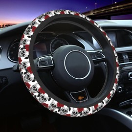 Goth Rose Red Funny Sugar Skulls Cool Floral Steering Wheel Cover Car Accessories Cute for Women Girls Girly Universal 15 Inch Neoprene Auto Interior Decor Anti Slip Car Truck Protector