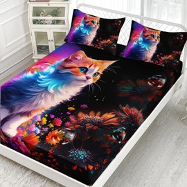 XYNHML Cartoon Kawaii Cat Fitted Sheet Set 3Pcs 3D Animals Flower Toddler Quilt Bed Sheets Twin Cat Lovers Animal Bubble Design Bedding Set for Boys Teens Adult Includes 1 Fitted Sheet,2 Pillowcases
