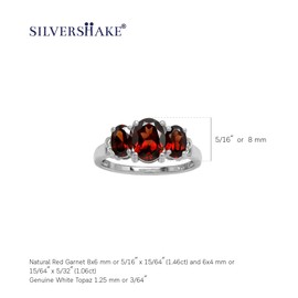 Silvershake 3 Stone Genuine Oval Shape Birthstone Gemstone White Gold Plated 925 Sterling Silver Classic Statement Right Hand Ring, natural garnet and white topaz
