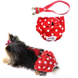 FUNNYDOGCLOTHES Dog Diaper with Suspenders RED Polka DOT Reusable Washable for Small Dog Breeds (XSmall: Waist 8" - 10")