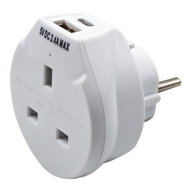 Uni-Com UK to European Travel Adaptor Plug with USB-A & USB-C Charger, UK 3 Pin Power Plug to EU 2 pin socket, Germany, Spain, France, Austria, Portugal, Sweden, Eastern Europe