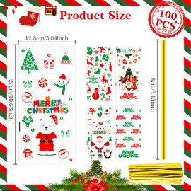 Christmas Treat Bags, 100 PCS Christmas Cellophane Treat Bags, Plastic Clear Xmas Candy Bag with 100 Pcs Twist Ties for Cookie Goodies Gift Present Wrap for Xmas Party Favor Supplies, 5.04x10.63 Inch