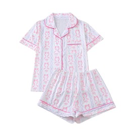 WDIRARA Women's 2 Piece Bow Cherry Print Pajama Set Short Sleeve Button Down Shorts Sleepwear Pjs Bow Pink Small