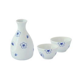 Japanese Sakura Sake Set - Blue - 1 Tokkuri Bottle & 2 Cups - Hasami Ware - Cherry Blossom Design - Made in Japan