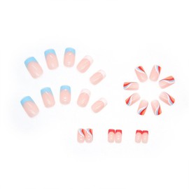 French Tip Press on Nails Short Square Fake Nails Rainbow Stripes Stick on Nails Gloss Glue on Nails Cute Short Acrylic Nails Press Ons Full Cover Stick on Nails for Women Girls 24Pcs