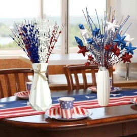 GBHKPLFO 4 Pack+12 Pack 4th of July Artificial Flowers，Patriotic Berry Stem Picks with Glitter Star Picks Red White Blue Pentagram Faux Berry Branches Decoration for Home Office Restaurant Vase Décor