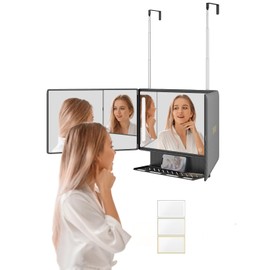 Dripex 3 Way Mirror with Storage Shelf, Trifold Self Haircut 360° Barber Mirror with Height Adjustable Hooks for Makeup, Styling, Shaving, Braiding, Dye Hair