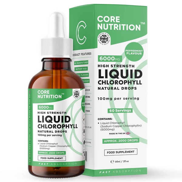 Liquid Chlorophyll Drops for Water - 60 ml for 60 Servings - 2 Month Supply of Highly Concentrated 100 mg Chlorophyll Liquid Drink - Made by Core Nutrition