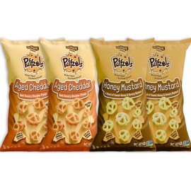 Unique Snacks Puffzels Variety Pack, Aged Cheddar and Honey Mustard, 2 Bags of Each, Gluten-Free Snacks, 4.8 Ounce Snack Bags, Pack of 4