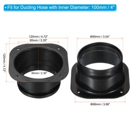 PATIKIL 4" Duct Connector Flange, Dryer Vent Wall Plate Square to Round Straight Ducting Plate for Air Heating Cooling Ventilation Exhaust Fan, Black