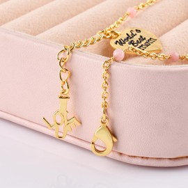 InfinityGemsArt Opal Bracelets For Women October Birthstone Jewelry Micro Pink Beads Crystals and Healing Stones, Heart charm “World’s Best Mom” And “I LOVE U” Charm, 18K Gold Plated Chain 8 inch