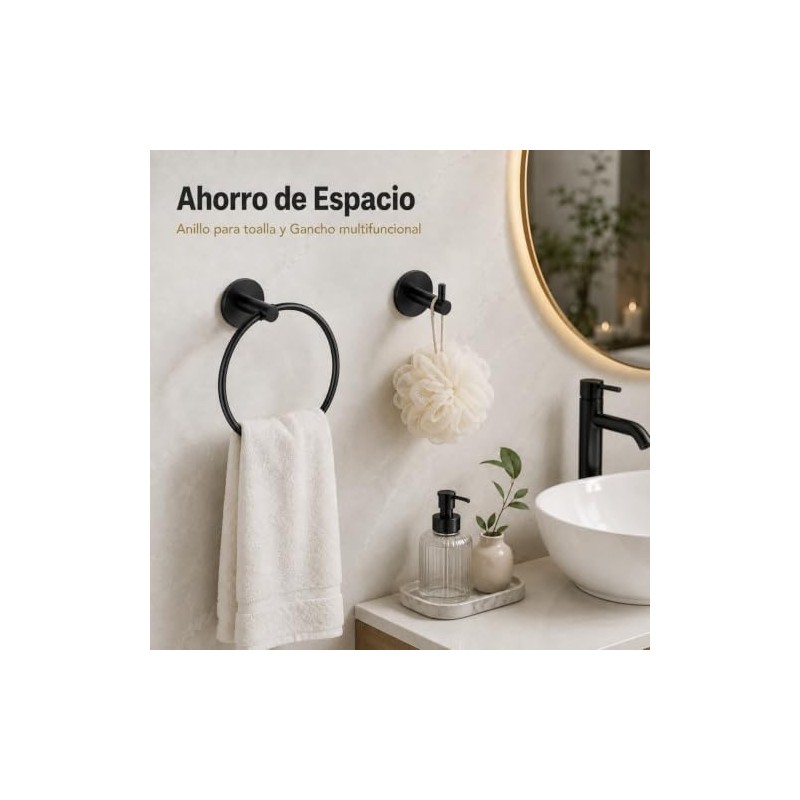 Juego 4 Piezas Accesorios de Baño Sin Taladrar, SUS304, Negro
