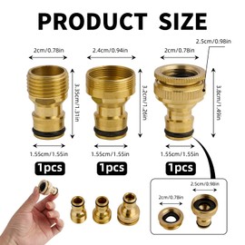 Pack of 3 Brass Tap Adapters, Universal Hose Connector for Garden Hose, 1/2 Inch and 3/4 Inch Female Thread, Male Thread Hose Adapter, for Garden, Kitchen and Car Wash