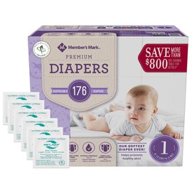 HAO M Mark Premium Baby Diapers - Size 1 (8-14 lbs) 176 Count W/Moist Towelettes