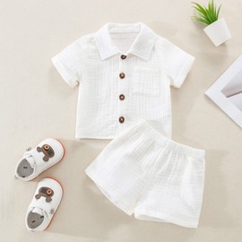 SHIBAOZI Toddler Baby Boys Clothes Set Button-down Shirt Tops + Cotton Linen Shorts Summer Outfit 2PCS with Pockets (Pure White, 12-18 Months)