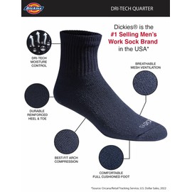 Dickies Men's Dri-Tech Moisture Control Quarter Socks Multi-Pack, Essential Worker Navy (6 Pairs), Shoe Size: 6-12