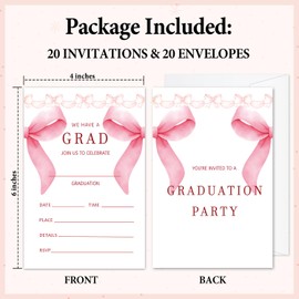 Pink Bow Graduation Party Invitations Cards, 20 Pack Grad Invites with Envelopes, Graduation Celebration Cards for Hign School University College Masters Grad, Grad Party Decoration Supplies -card04