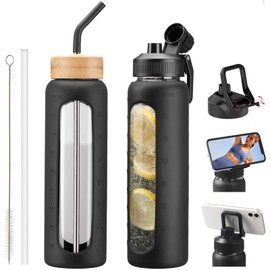 NOLOGLAZIC Glass Water Bottles with Straw -32oz- Water Bottle Phone Holder for Gym Large Motivational Water Bottle with Time Marker Glass Drinking Bottles 2 Lids - Spout & Bamboo Straw Lid(Black)