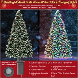 7 Ft Prelit Artificial Christmas Tree with 300 Color Changing LED Lights, 8 Modes Snow Flocked Thick Full Pine Xmas Tree with 1980 PVC/PE Tips, 36 Berries Christmas Decoration Indoor Outdoor Holiday