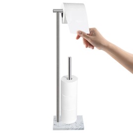 Toilet Paper Holder Stand with Weighted Natural Marble Base, Bathroom Free Standing Toilet Paper Roll Holder with Reserve, Standing Toilet Tissue Holder with Storage (Brushed Nickel, with Reserve)
