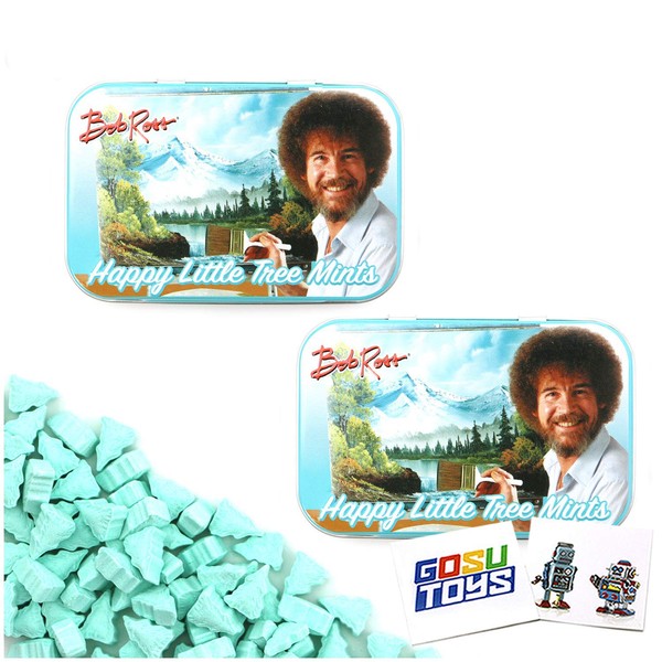 Bob Ross Happy Little Tree Mints - Dulces de lata (2 unidades) con sabor a menta y 2 calcomanías GosuToys