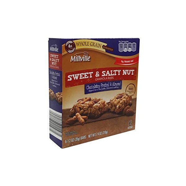 Millville Sweet & Salty Nut Granola Bars | 100% Whole Grain Oats | 7.4 oz (6 bars x 1.2 oz) | Pack of 1 (Chocolatey Pretzel & Almond)