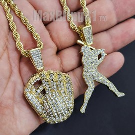 MAXBLING81 Iced Lab Diamond Gold Plated Baseball Hitter & Glove Pendant & 4mm 24" Rope Chain Hip Hop Jewelry Necklace (2 NECKLACE SET)
