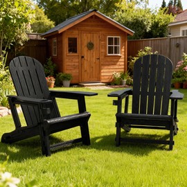 Vongrasig Adirondack Chairs Set of 2 with Removable Tabletop, Outdoor HDPE Plastic Fire Pit Chair Set with Wooden Textured, Cup Holder for Patio, Poolside, Deck, Garden, Black, 3 Pieces