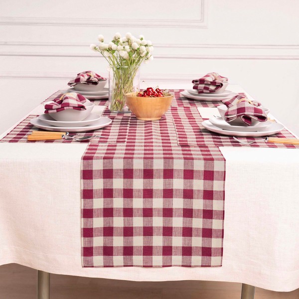 Solino Home Checkered Linen Table Runner 90 inches Long -