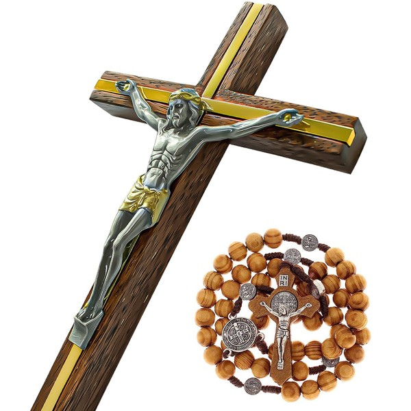 Crucifix Wall Cross, Handmade Catholic Crosses with Wooden Rosary, Wood Crucifix for Wall, Jesus Christian Wall Hanging Cross 10 Inch