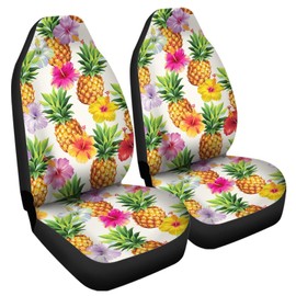 gearider Thin Car Front Seat Cover, Tropical Hibiscus Floral Pineapple Print 2pcs Auto Seat Cover for Men Women Breathable Soft Car Interior Decoration Fit for Car SUV Sedan Truck