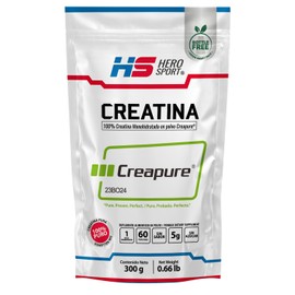 HEROSPORTS | Creatina Monohidratada Creapure® 300g. 100% Pura. Solo 1 Ingrediente Creatina Alemana Creapure®. Vegana, Sin Azúcar, 60 porciones, 5g por porción, Incluye Scoop. Pure. Proven. Perfect.