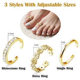 MAOSHYMS Pack of 3 Golden Toe Rings for Women, Adjustable Toe Ring Set, Flower Toe Rings, Open Toe Rings, Finger Ring, Simple, Gold-Coloured Rings for Women, Girls, Hawaiian, Summer, Beach
